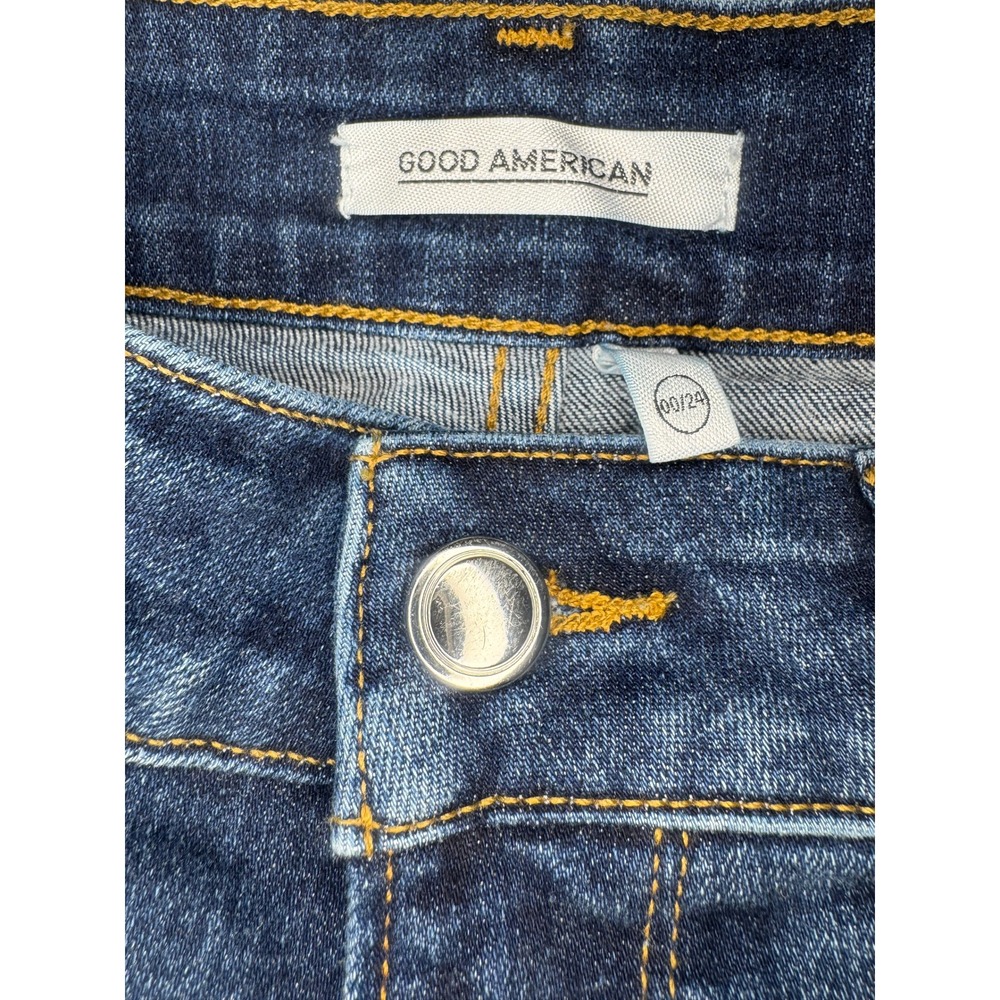 Good American High Rise Denim Shorts Womens 00/24‎ Dark Wash Distressed Cut Off - Picture 4 of 4